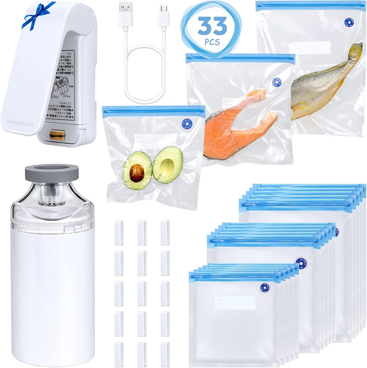 Handheld Vacuum Sealer,Sous Vide Bags(15 Pcs Reusable) and Mini Heat Bag Sealer.Start Kit Sets.Portable.Automatic Vacuum Sealer Machine for Food Storage Preservation.Freezer,Sous Vide Cooking